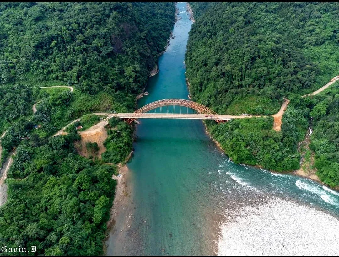 Aerial view of a river and bridge in Meghalaya